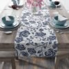 Blue Vintage Roses floral table runner on wood table