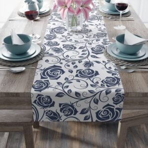 Blue Vintage Roses floral table runner on wood table Blue Vintage Roses floral table runner on wood table