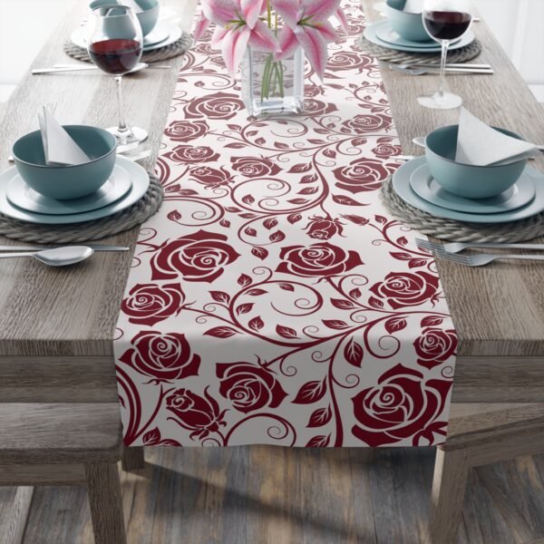 Burgundy Vintage Roses floral table runner on table