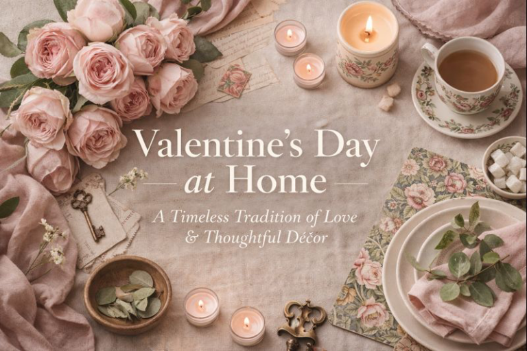 Table with Valentine's Day table decor including pink roses, candles, plates, napkins and tea cup with the title "Valentine's Day at Home - A timeless tradition of Love and thoughtful decor"