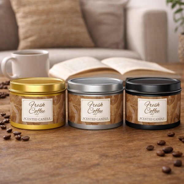 Fresh Coffee tin candles sitting on table with coffee beans