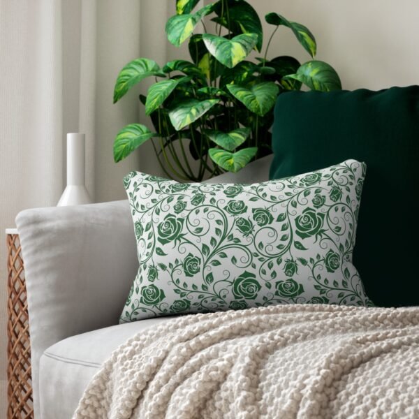 Green Roses Lumbar Pillow on couch