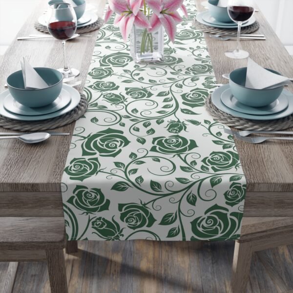 Green Vintage Roses floral table runner on table