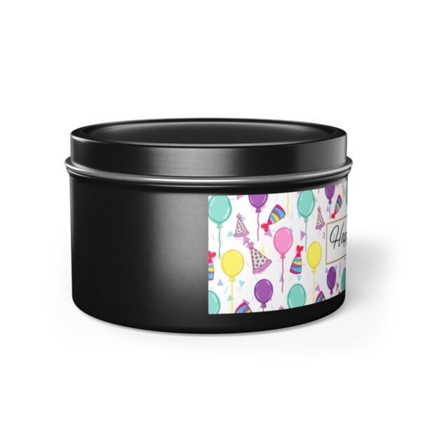 Happy Birthday Black 8oz candle tin side view