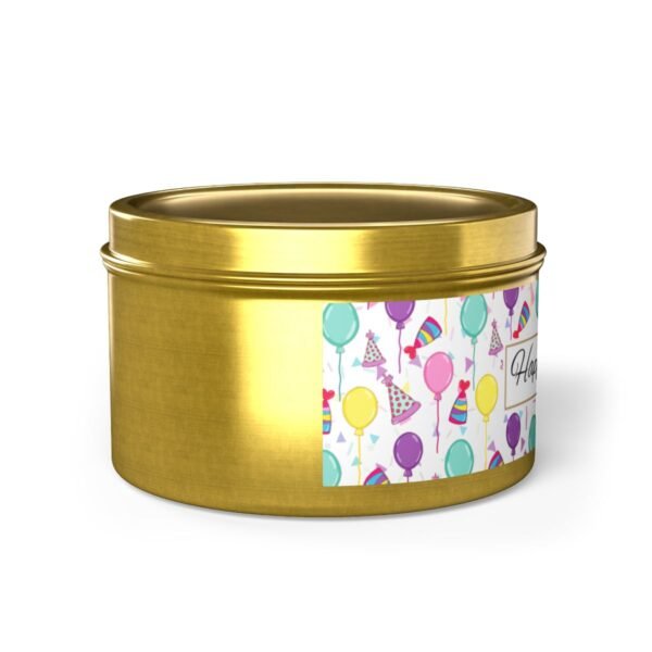Happy Birthday Gold 8oz Candle Tin side view
