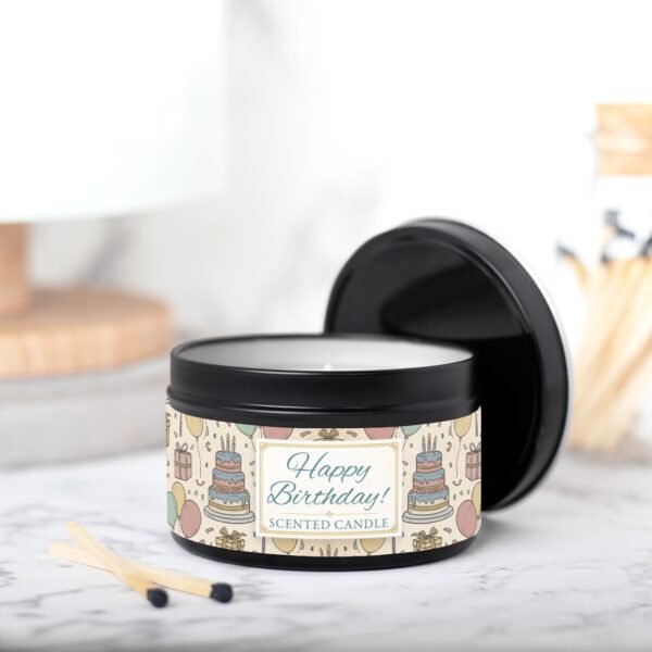 Happy Birthday black 8oz tin jar on counter