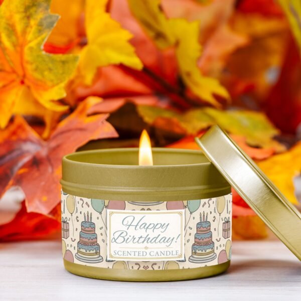 Happy Birthday gold 4oz candle tin with fall leaves