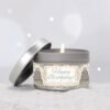 Happy Birthday silver 4oz candle tin in winter scene