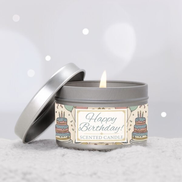 Happy Birthday silver 4oz candle tin in winter scene