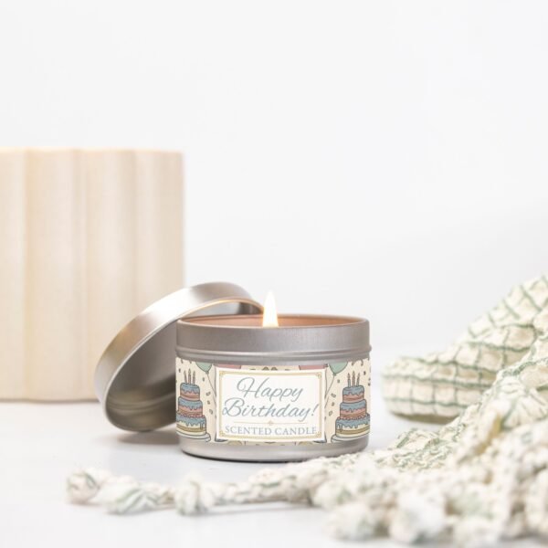 Happy Birthday silver 4oz candle tin on counter