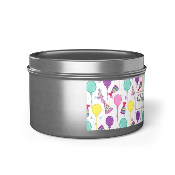Happy Birthday silver 8oz Candle Tin side view