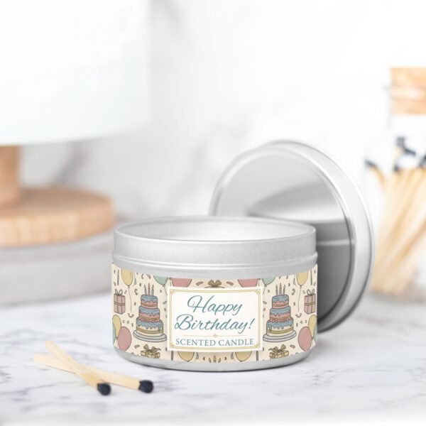 Happy Birthday silver 8oz tin jar on counter.