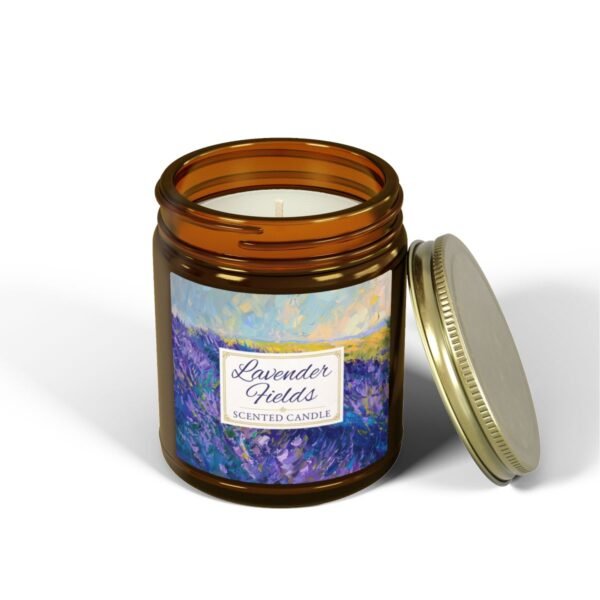 Lavender Fields candle in 9oz amber jar with gold lid with lid off Lavender Fields candle in 9oz amber jar with gold lid with lid off