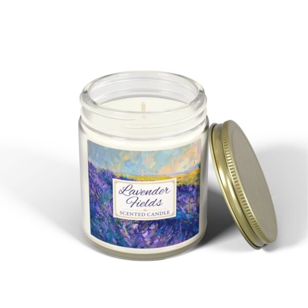 Lavender Fields candle in 9oz clear jar with gold lid off Lavender Fields candle in 9oz clear jar with gold lid off