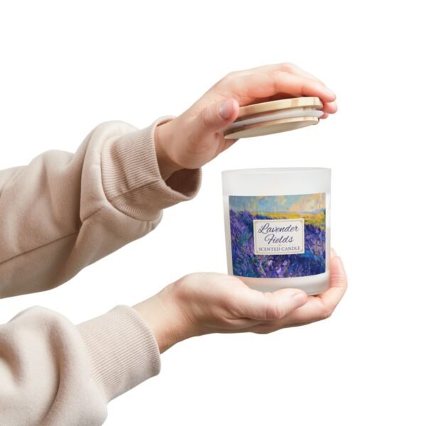 Lavender Fields wood wick candle with hands holding jar and lid
