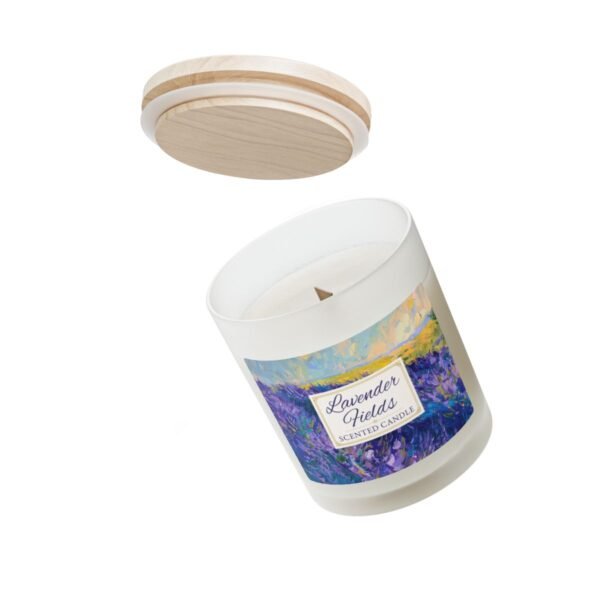 Lavender Fields wood wick candle with lid off