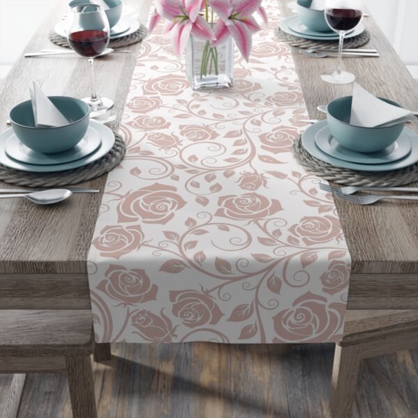 Pink Vintage Roses floral table runner on table