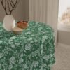 White Green Vintage Roses Tablecloth on round table