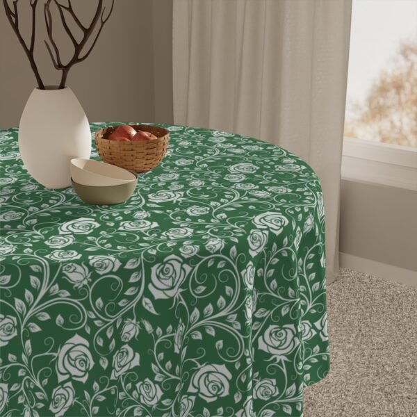 White Green Vintage Roses Tablecloth on round table