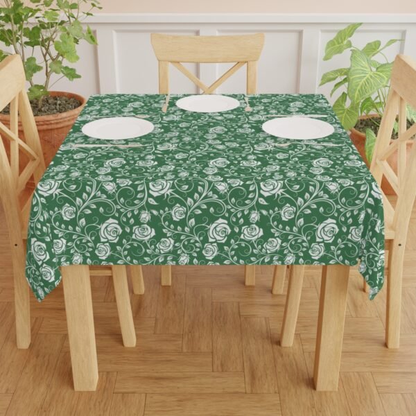 White Green Vintage Roses Tablecloth on square table