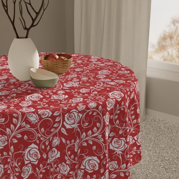 White Red Vintage Roses Tablecloth on round table