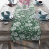 White on Green Vintage Roses floral table runner on table
