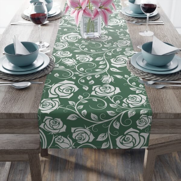 White on Green Vintage Roses floral table runner on table