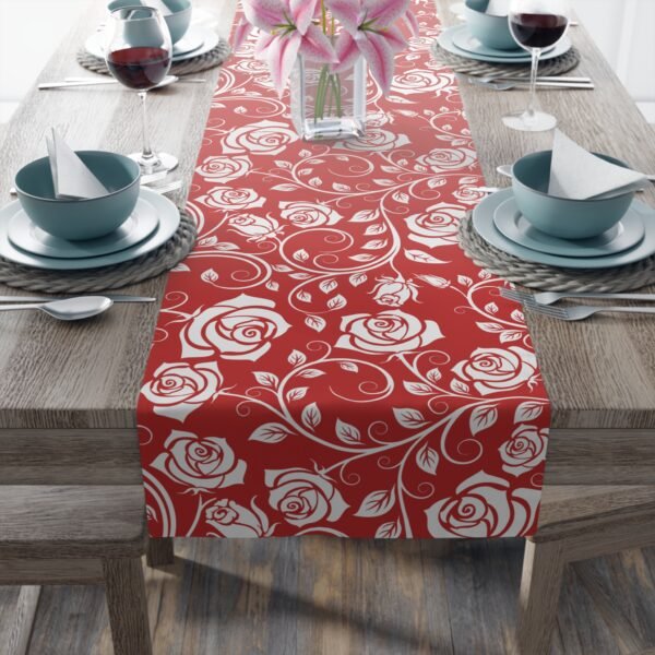 White on Red Vintage Roses floral table runner on table
