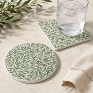 Willow Bough ceramic tile coasters on table with glass Willow Bough ceramic tile coasters on table with glass