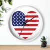 american flag heart wall clock white frame black hands above shelf