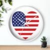 american flag heart wall clock white frame white hands above shelf