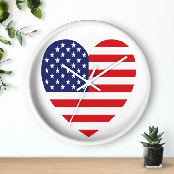 american flag heart wall clock white frame white hands above shelf
