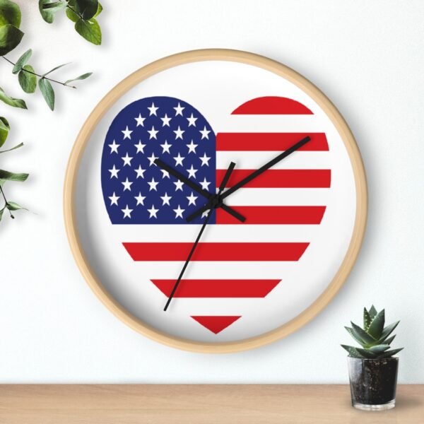 american flag heart wall clock wood frame black hands above shelf