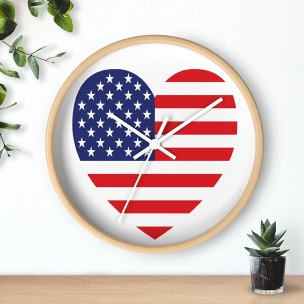 american flag heart wall clock wood frame white hands above shelf