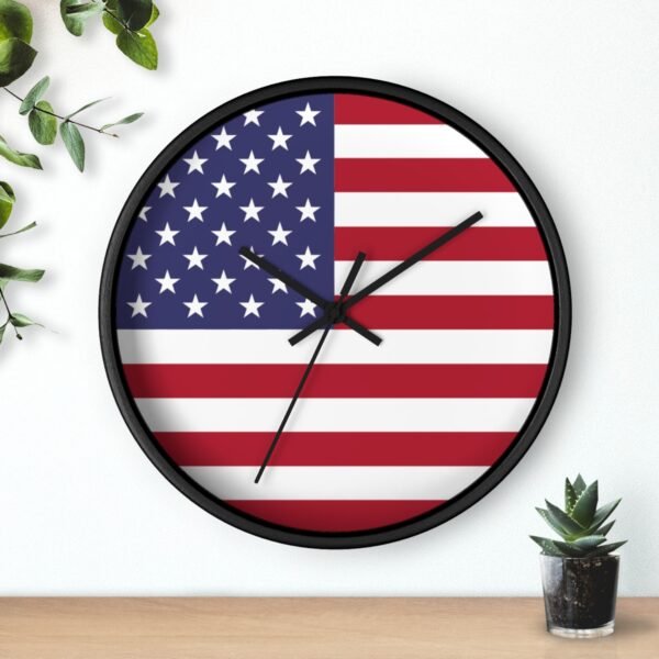 american flag wall clock black frame black hands above shelf american flag wall clock black frame black hands above shelf
