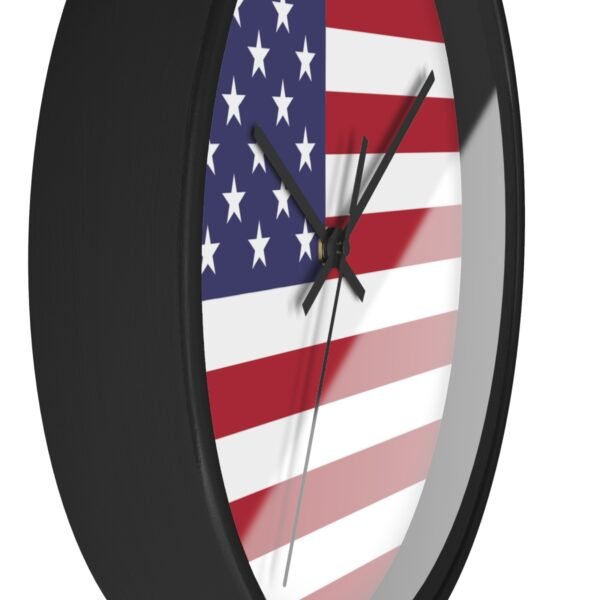 american flag wall clock black frame black hands side view american flag wall clock black frame black hands side view