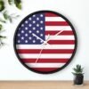 american flag wall clock black frame white hands above shelf american flag wall clock black frame white hands above shelf