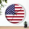 american flag wall clock bwhite frame black hands above shelf american flag wall clock bwhite frame black hands above shelf