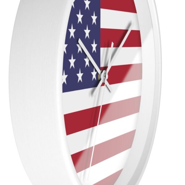 american flag wall clock white frame white hands side view american flag wall clock white frame white hands side view