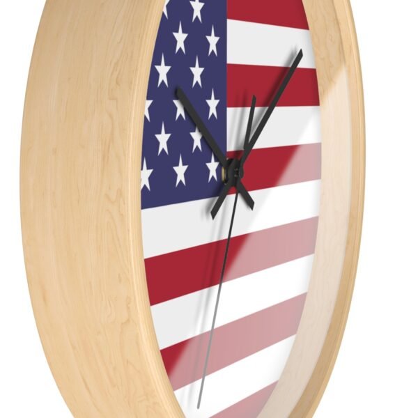 american flag wall clock wood frame black hands side view american flag wall clock wood frame black hands side view