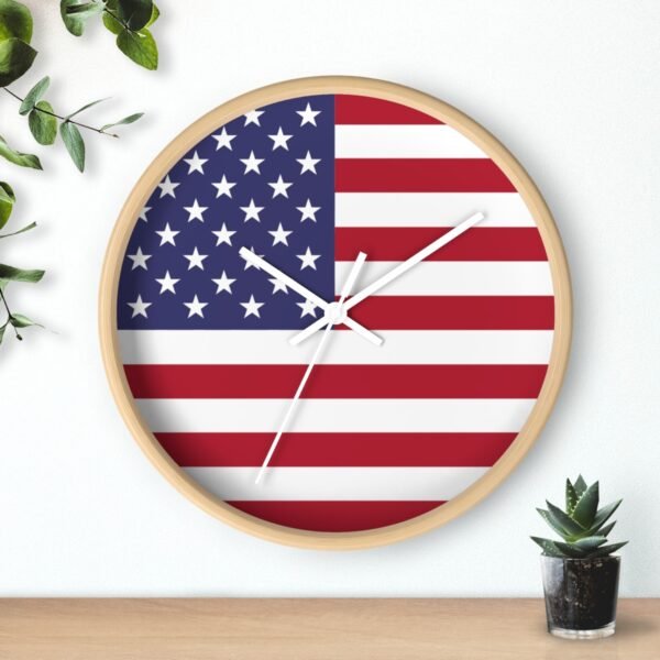american flag wall clock wood frame white hands above shelf american flag wall clock wood frame white hands above shelf