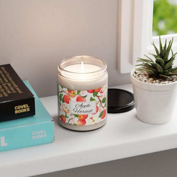 apple harvest soy wax lit candle on shelf