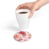 bohemian rose ceramic tile coaster round with hand holding coffee cup