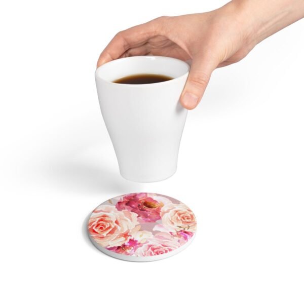 bohemian rose ceramic tile coaster round with hand holding coffee cup