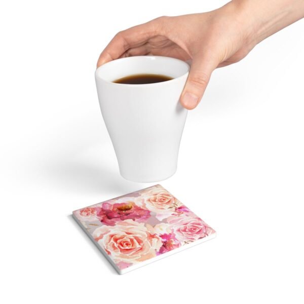 bohemian rose ceramic tile coaster square with hand holding coffee cup