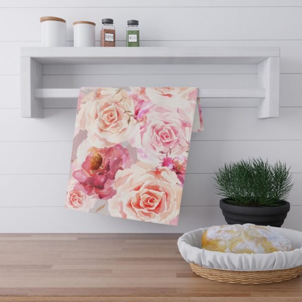 bohemian rose tea towel hanging on rack