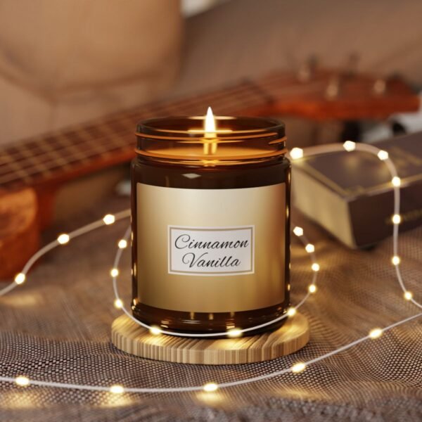 cinnamon vanilla lit candle 9oz amber jar with string lights
