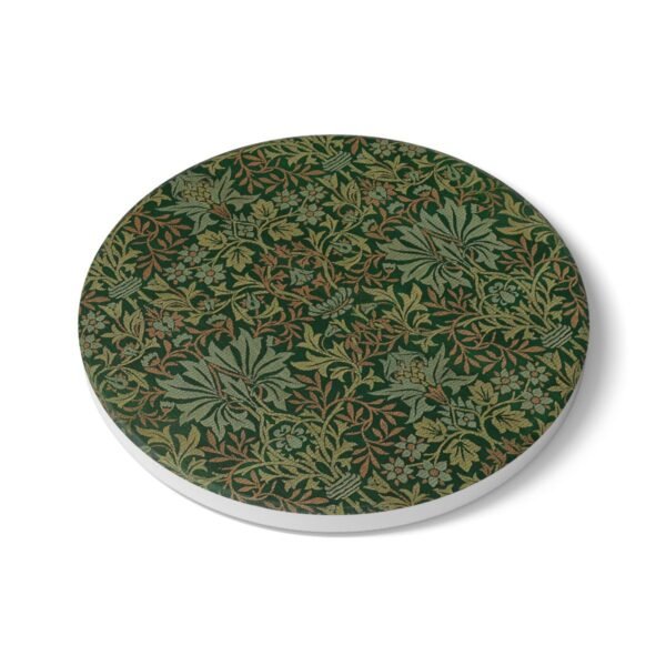 flower garden William Morris ceramic tile coaster round side view