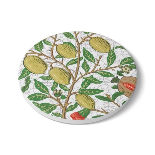 fruit William Morris ceramic tile coaster round side view fruit William Morris ceramic tile coaster round side view