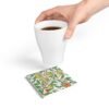 fruit William Morris ceramic tile coaster square with hand holding coffee cup fruit William Morris ceramic tile coaster square with hand holding coffee cup